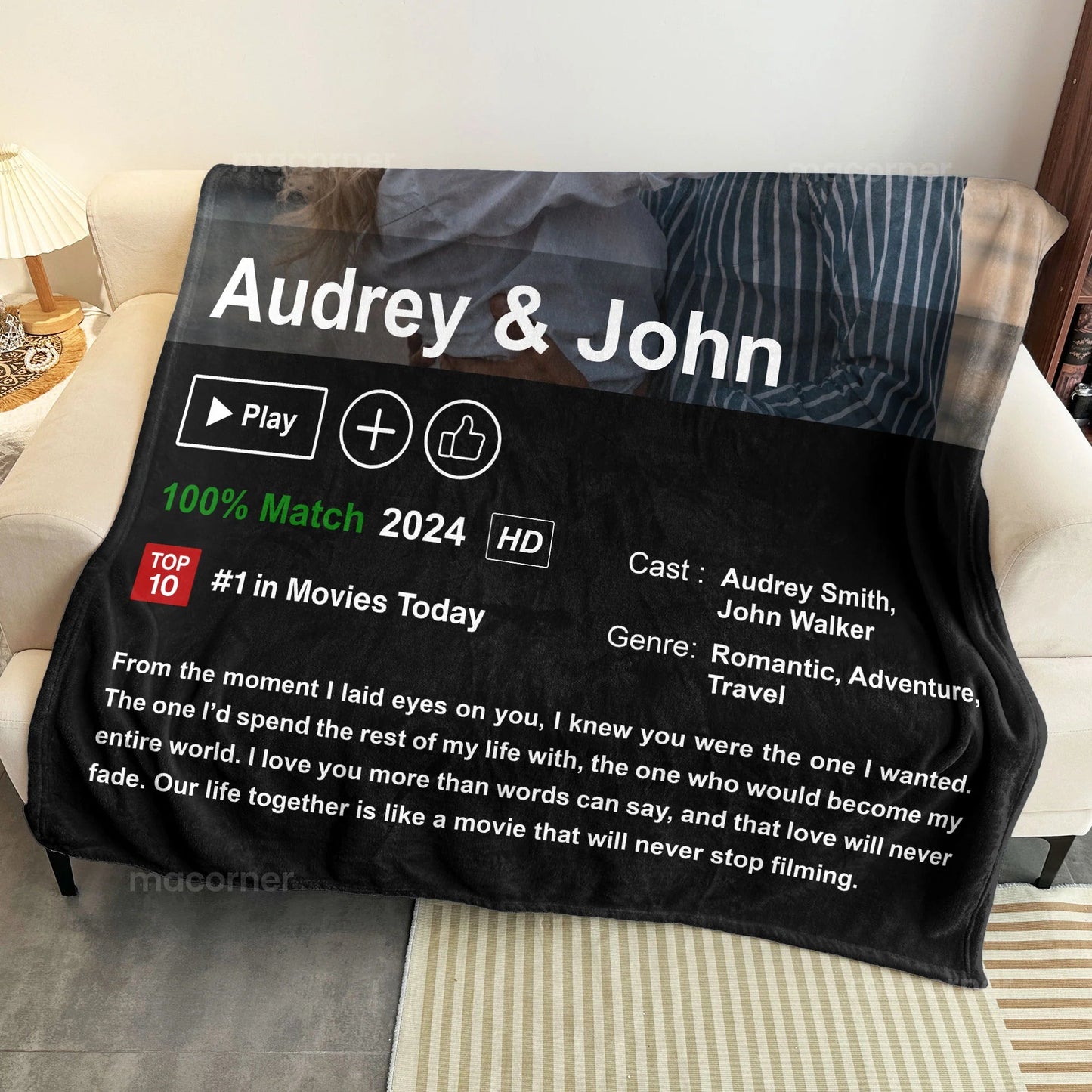 Personalized Loveflix Poster, Blanket, Plaque - Romantic Gift for Couples - Celebrate Your Romance Like a Blockbuster Movie