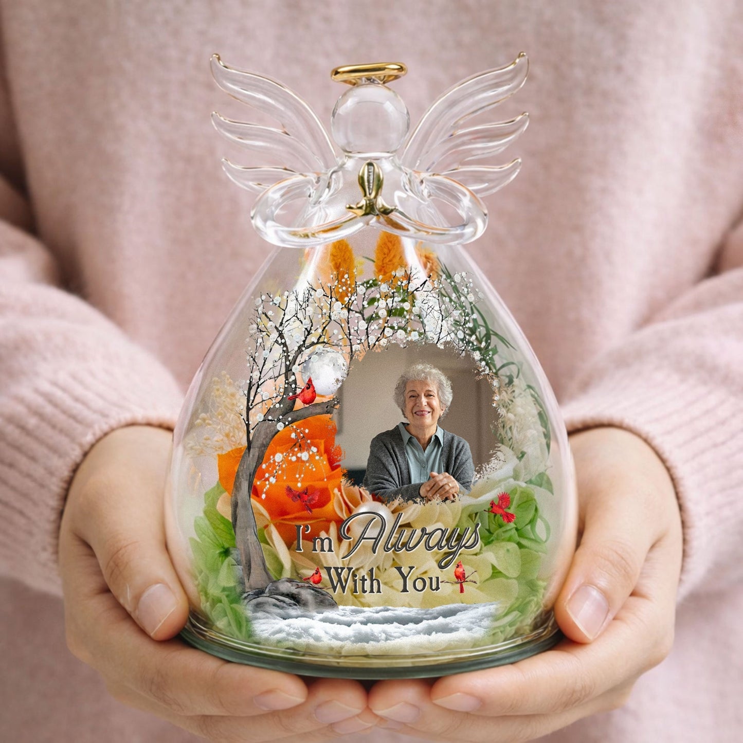 Personalized LED Floral Angel Figurine With Photo, 'I'm Always With You' Keepsake, Unique Memorial Gift
