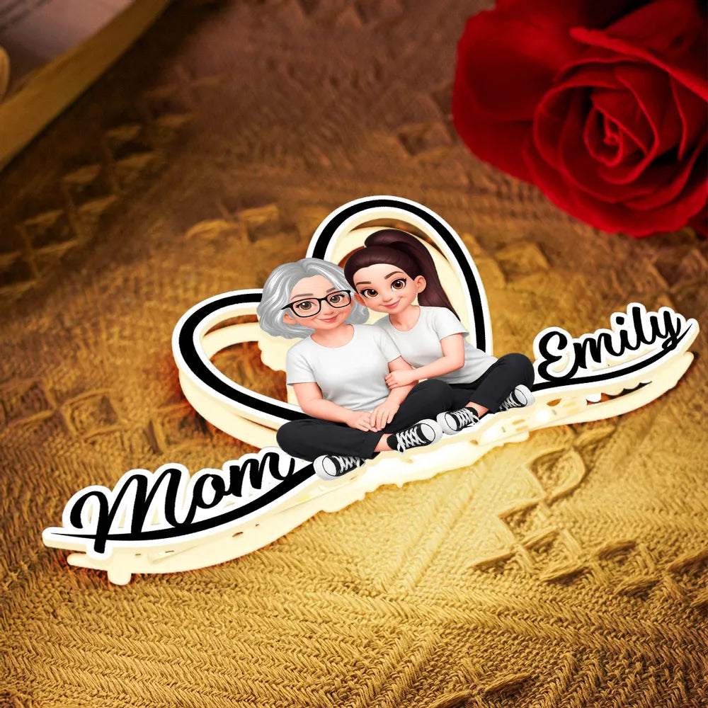 Mom and Daughter Forever Love Acrylic Light Box, Heart Backdrop Hugging Duo, Cozy Bedside Glow, Unique Gift for Mom