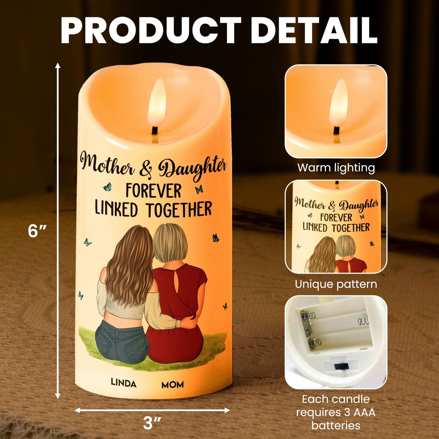 Flameless LED Candle – Mother & Daughter Back‑Hug Art, “Forever Linked Together” Personalized Light