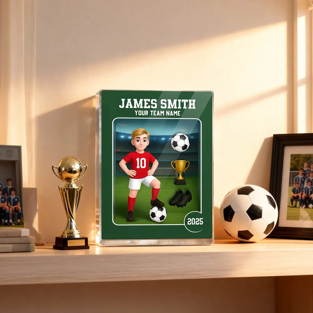 Acrylic Block Plaque - Customizable Soccer Keepsake, stadium design, player with ball - Creative Gift for Kids & Teams