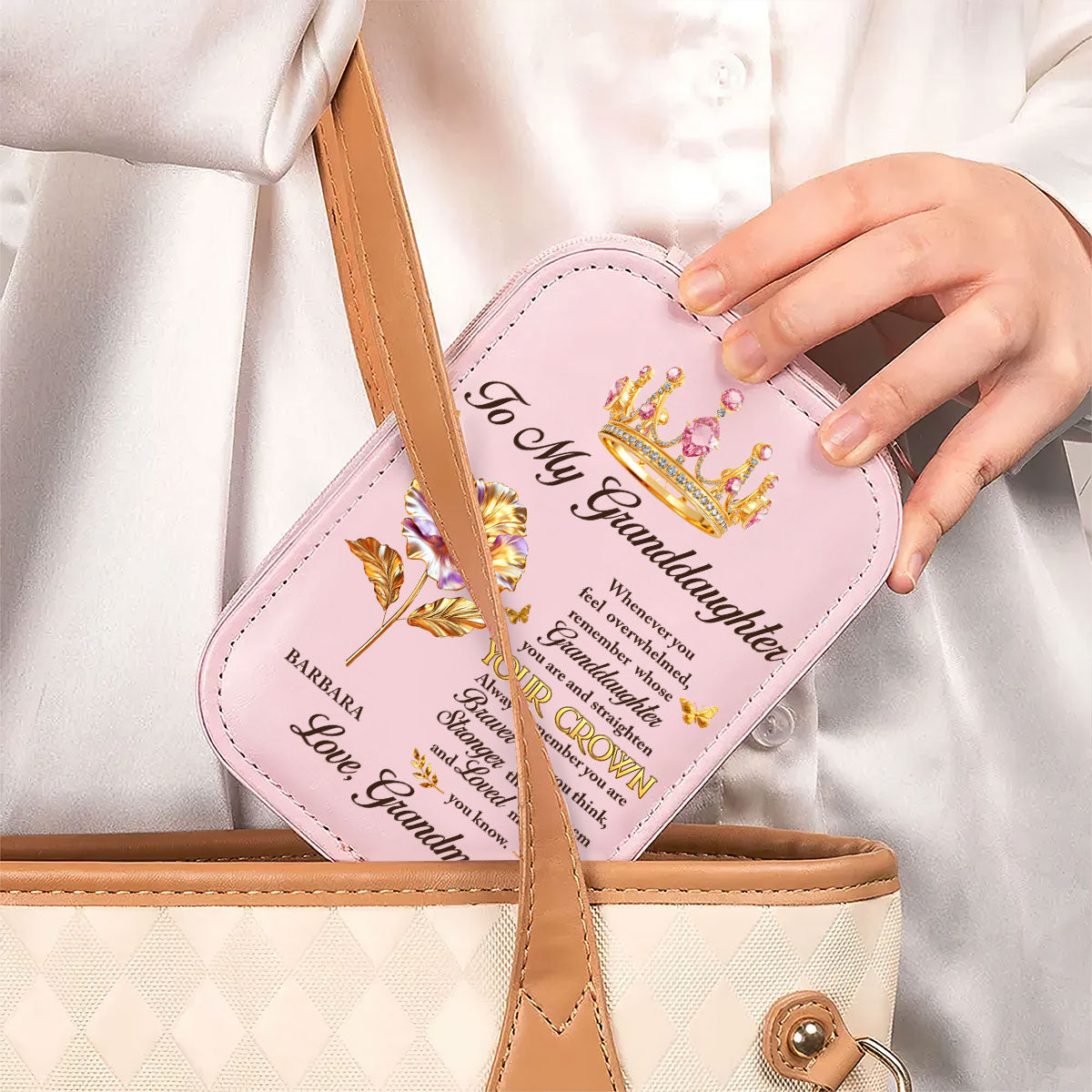 Personalized Leather LED Makeup Case with Crown Quote β Unique Granddaughter Gift from Grandma, Encouraging & Heartwarming Keepsake