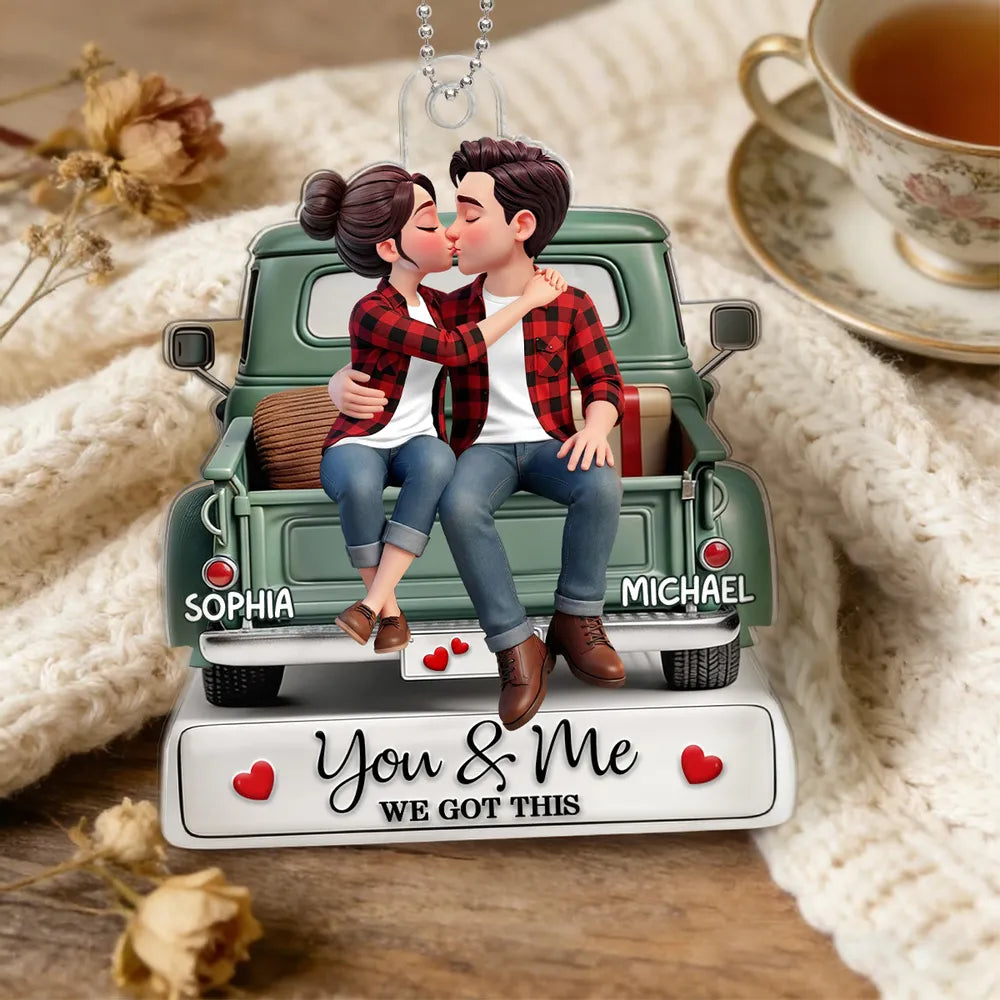 Personalized Acrylic Car Hanger Couple Kissing on a Truck, You & Me We Got This Mirror Decor, Unique Gift