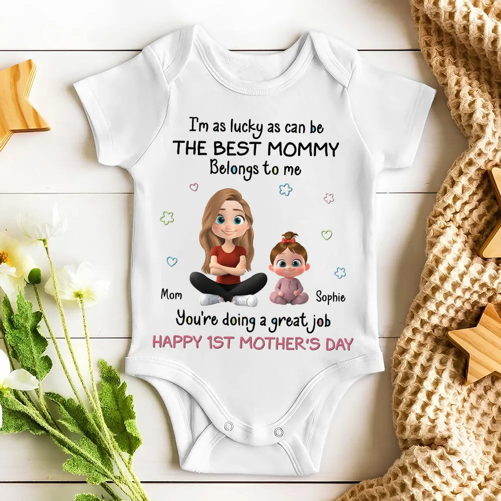 Personalized Short Sleeve Baby Onesie with Cute Mom & Baby Cartoon, First Mother's Day Gift, Photo-Ready Keepsake