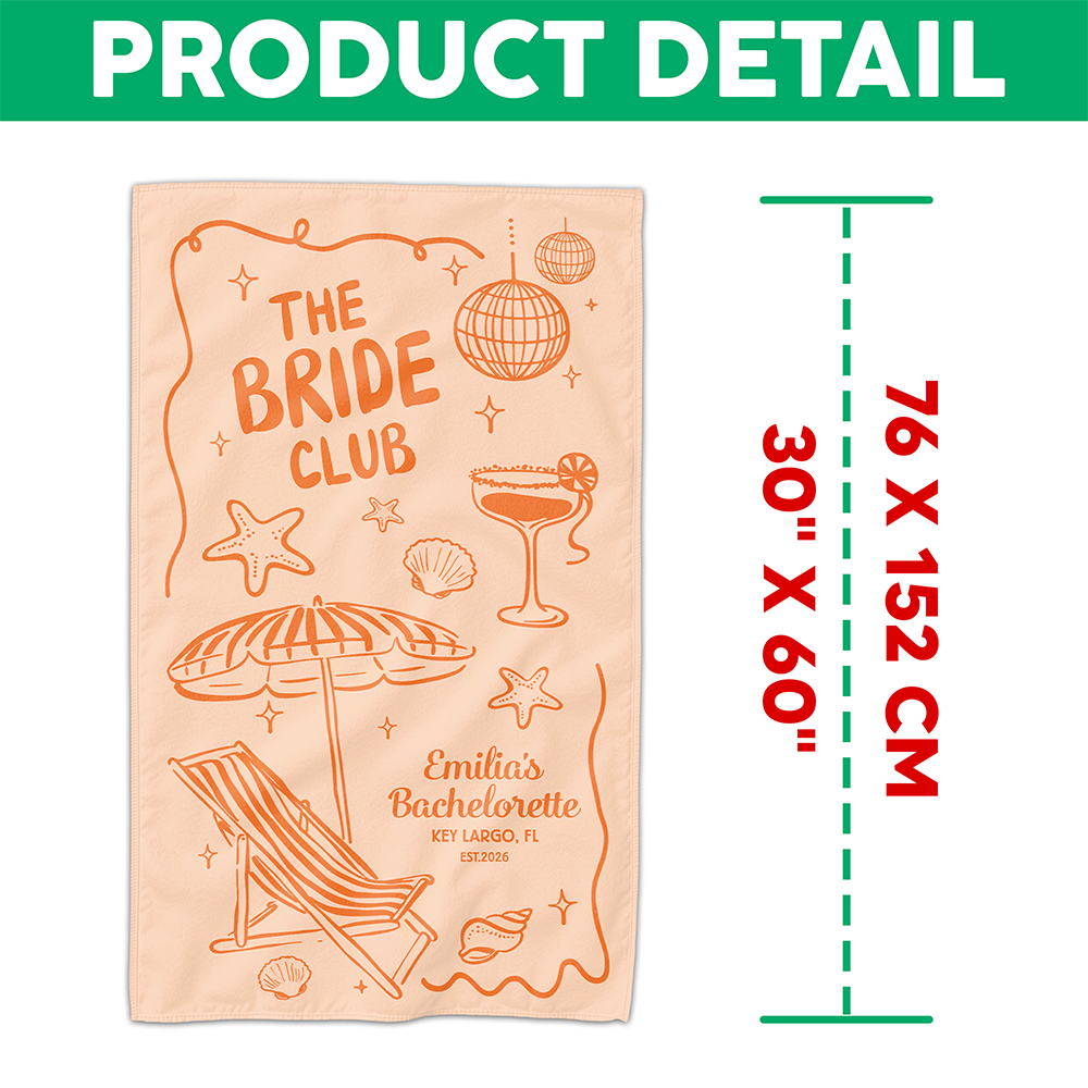 Personalized Beach Towel The Bride Club, Custom Girls Trip Poolside Gift with Retro Beach Icons for the Bride Squad