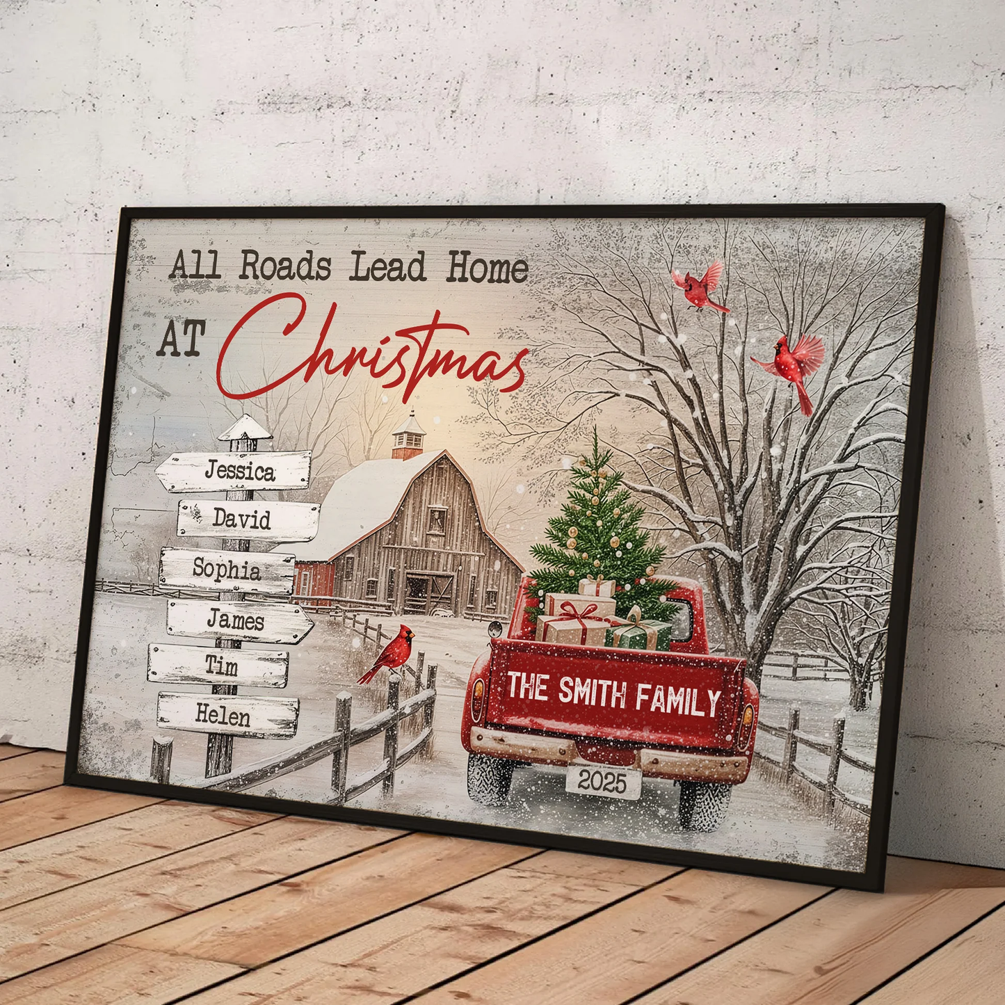 All Roads Lead Home At Christmas Personalized Poster β Custom Family Names Winter Farmhouse Wall Art, Unique Holiday Gift for Mom & Loved Ones