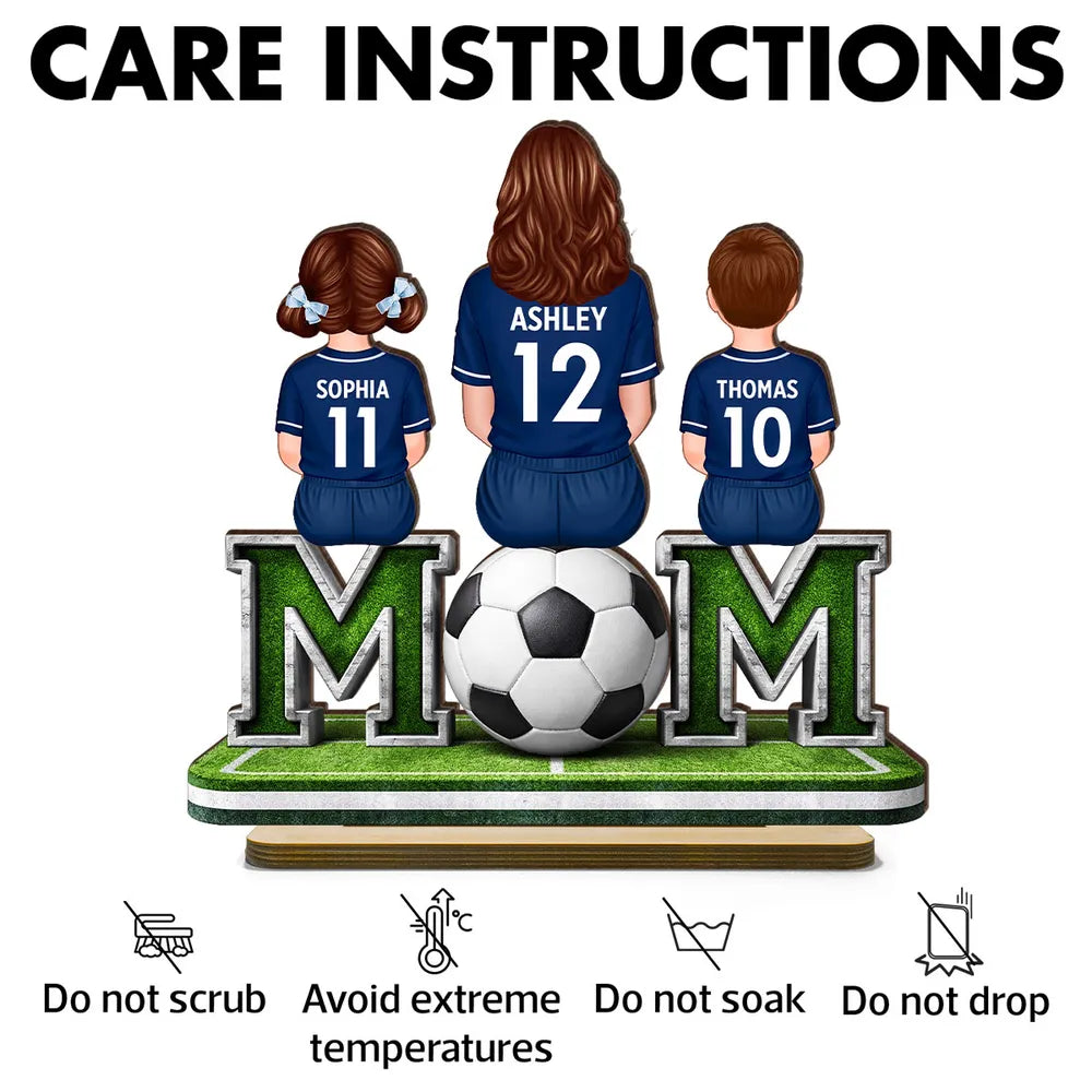 Personalized Soccer Mom and Kids 2-Layer Wooden Plaque, Sitting on Field with Ball, Unique Gift for Mom with Heartfelt Keepsake