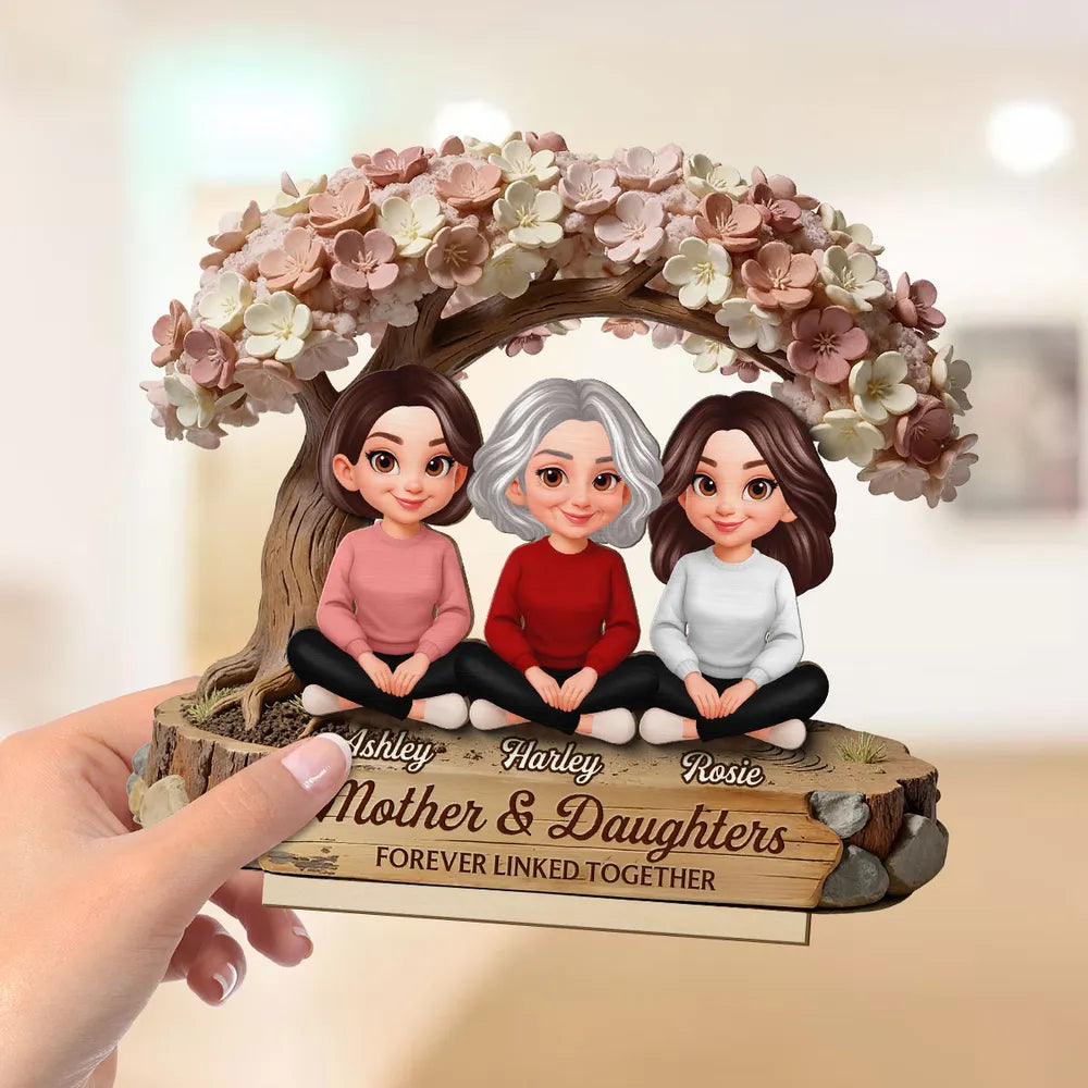 Mother & Daughters Forever Linked Together 2-Layer Wooden Plaque, Personalized Family Keepsake Gift for Mom