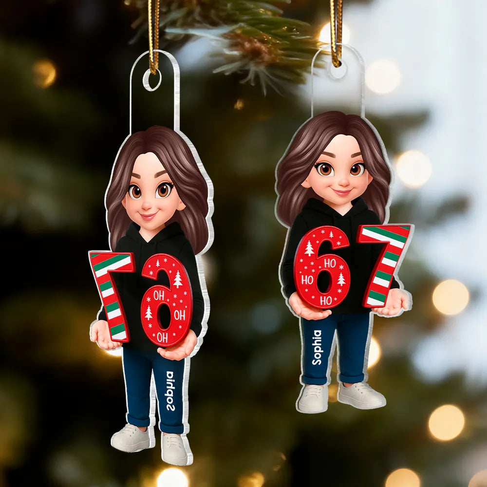 Personalized Acrylic Ornament with Cute Cartoon Teen Holding 67 Numbers β Trending Slang Christmas Ornament, Fun Gift for Kids and Grandkids