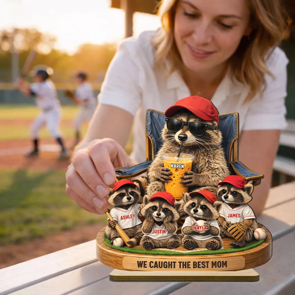 Personalized 2-Layer Wooden Plaque, Funny Raccoon Baseball Dad Scene, Unique Father's Day Gift