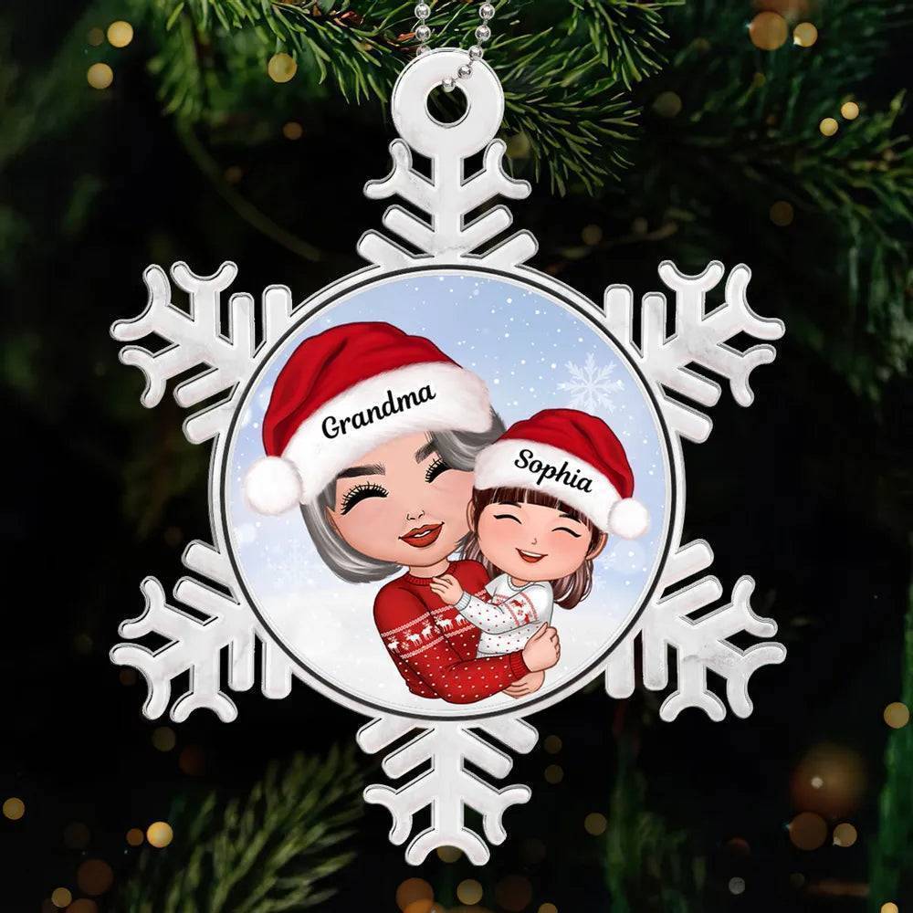 Christmas Gift For Granddaughter Grandson - Doll Grandma Mom Hugging Kid - Personalized Snowflake Shaped Acrylic Ornament