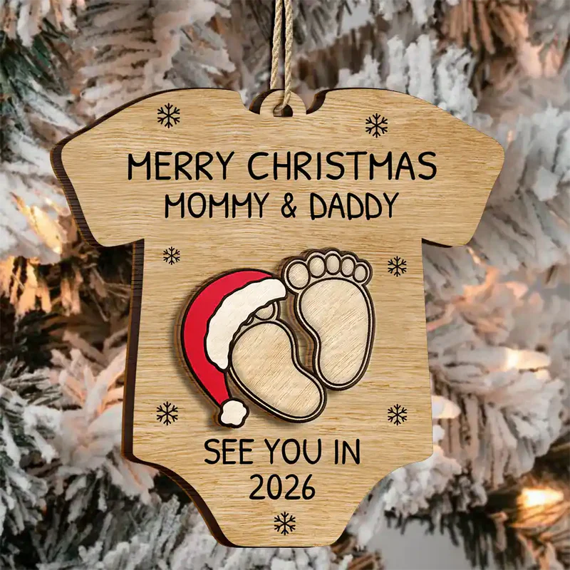 Custom Baby Announcement 2-Layer Wooden Ornament β Onesie Shape with Tiny Footprints β Adorable Nursery Decor and Creative Holiday Gift for Mommy and Daddy