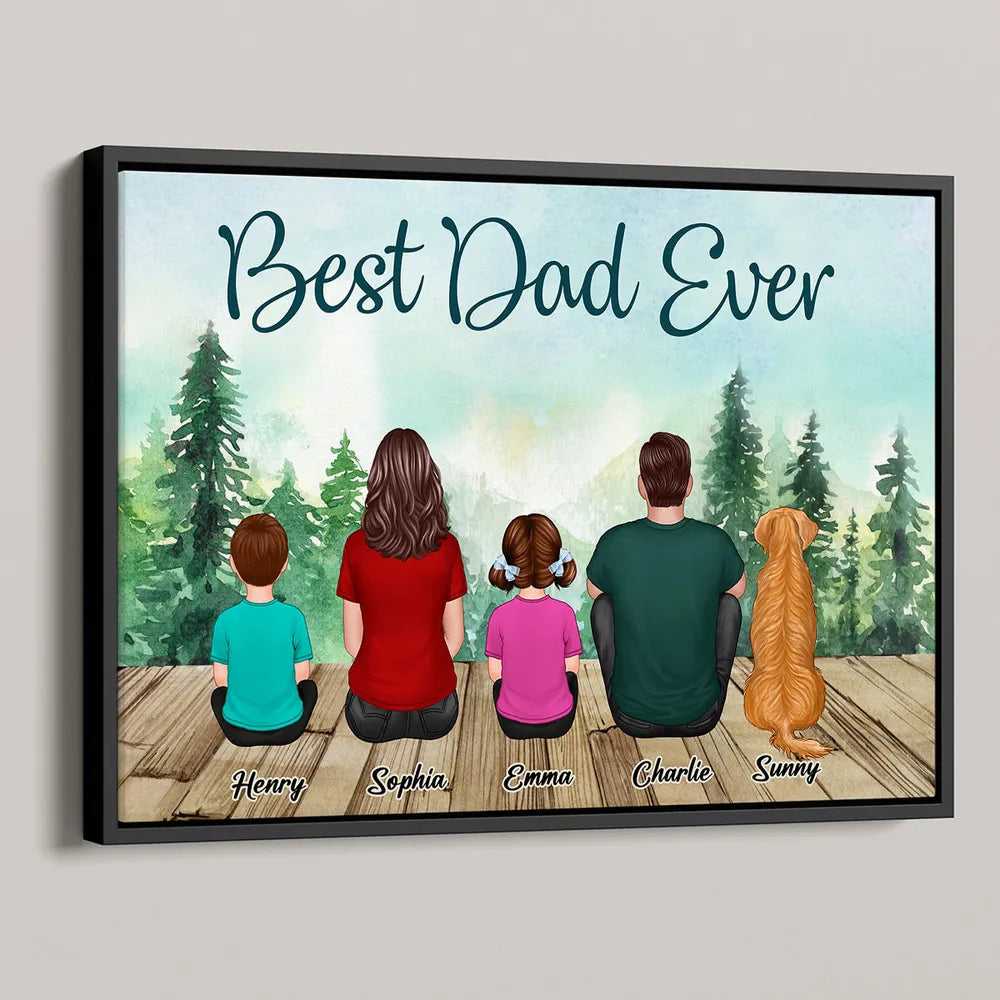 Custom Family Poster, Cozy Woodland Scene with Back View Parents Kids and Pet, Heartfelt Home Decor Unique Gift