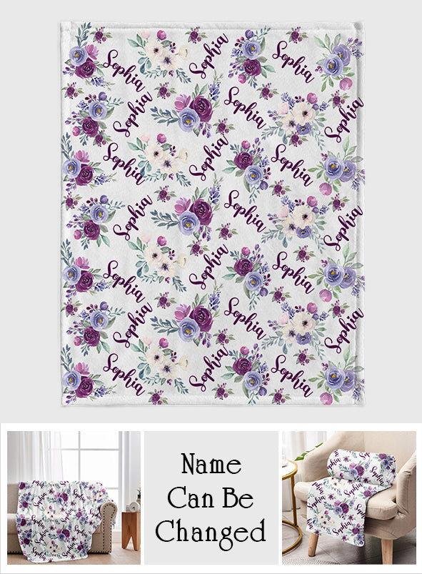 Custom Name Purple Flowers - Personalized Mother Blanket