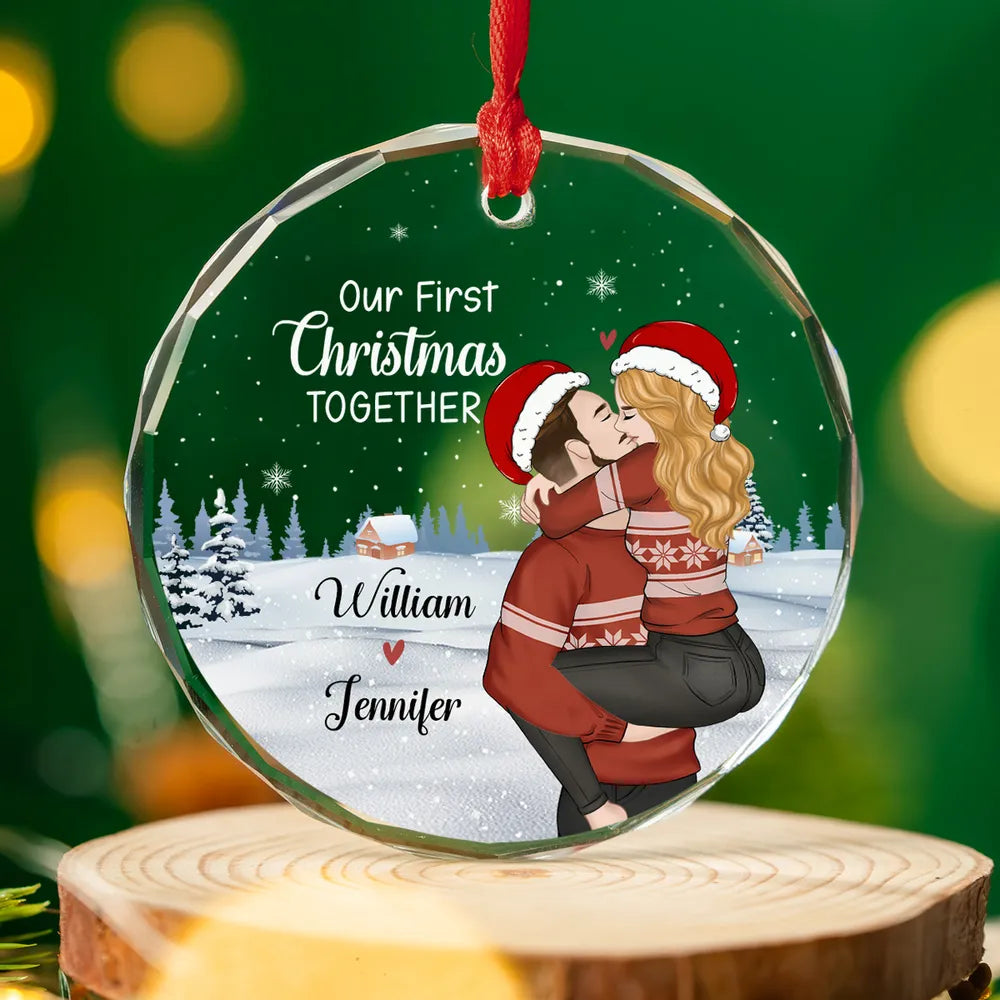 Crystal Ornament with Romantic Couple Illustration, Cozy Holiday Vibes, Perfect Gift for Couples