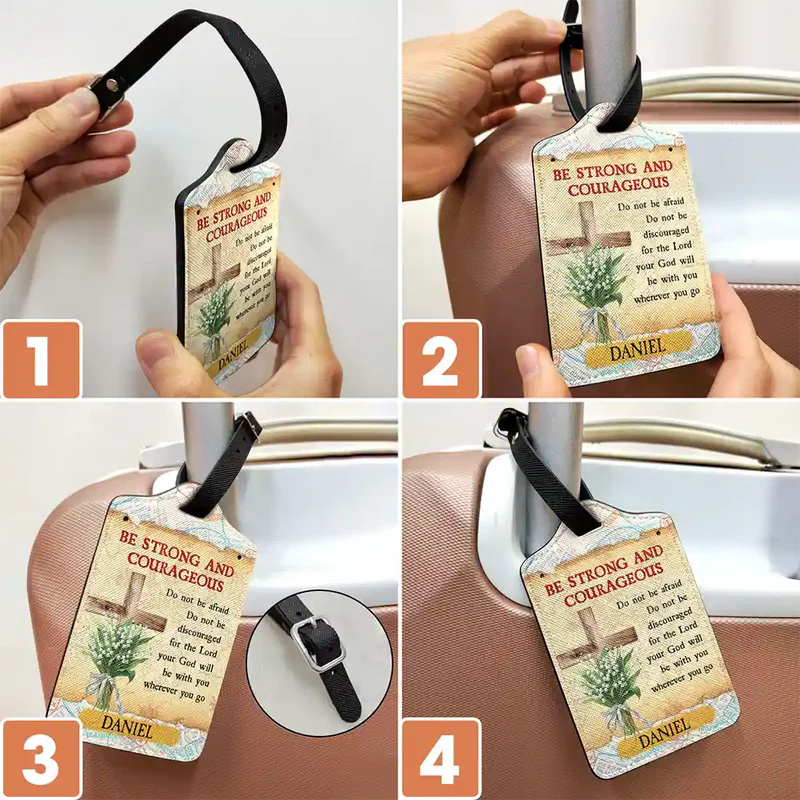 Personalized Leather Luggage Tag with Be Strong And Courageous Quote for Easy Bag ID - Unique Faith Gift for Travelers