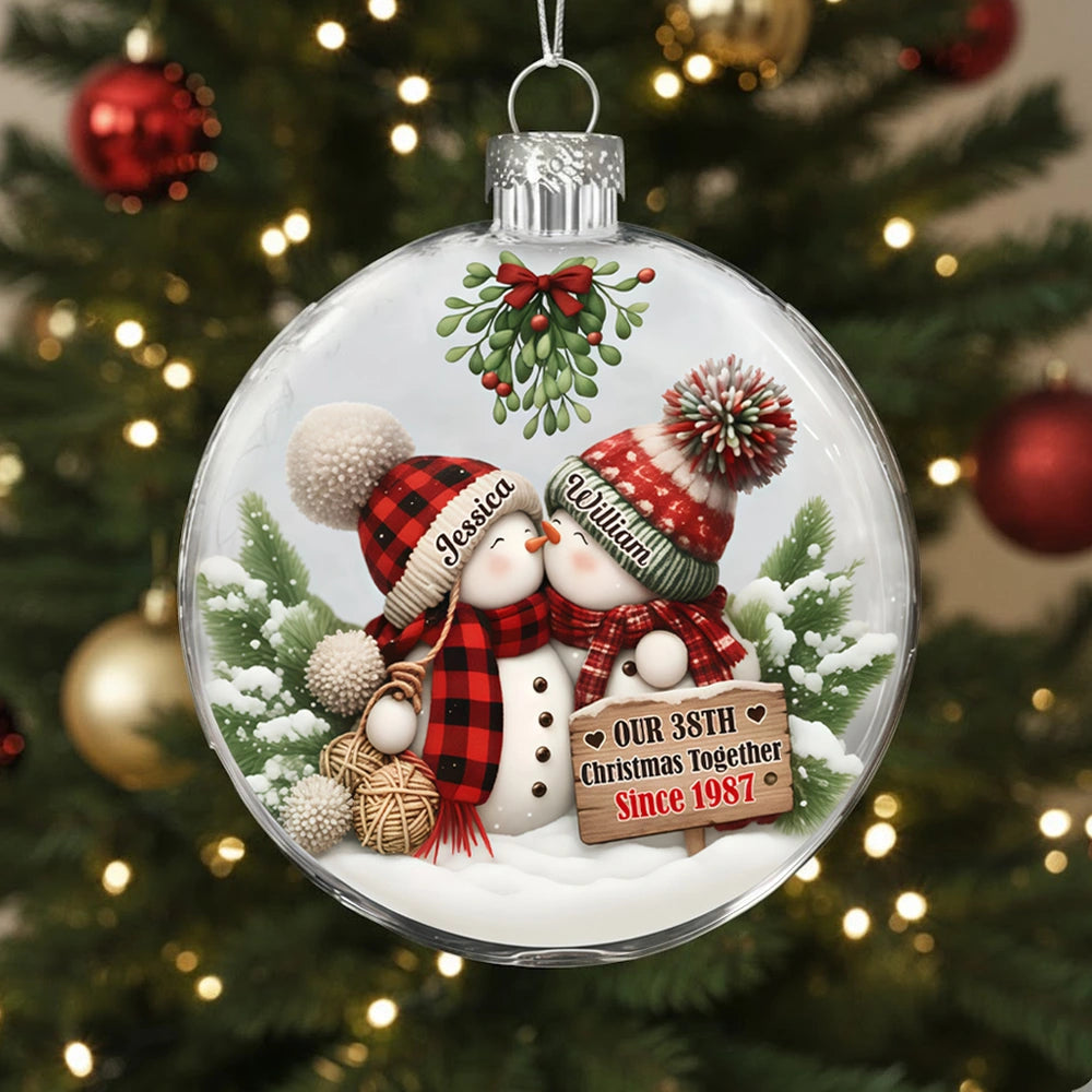 Personalized Acrylic Flat Ball Ornament for Couples β Cozy Snowman Design for Christmas Tree β Unique Romantic Gift to Celebrate Your Love