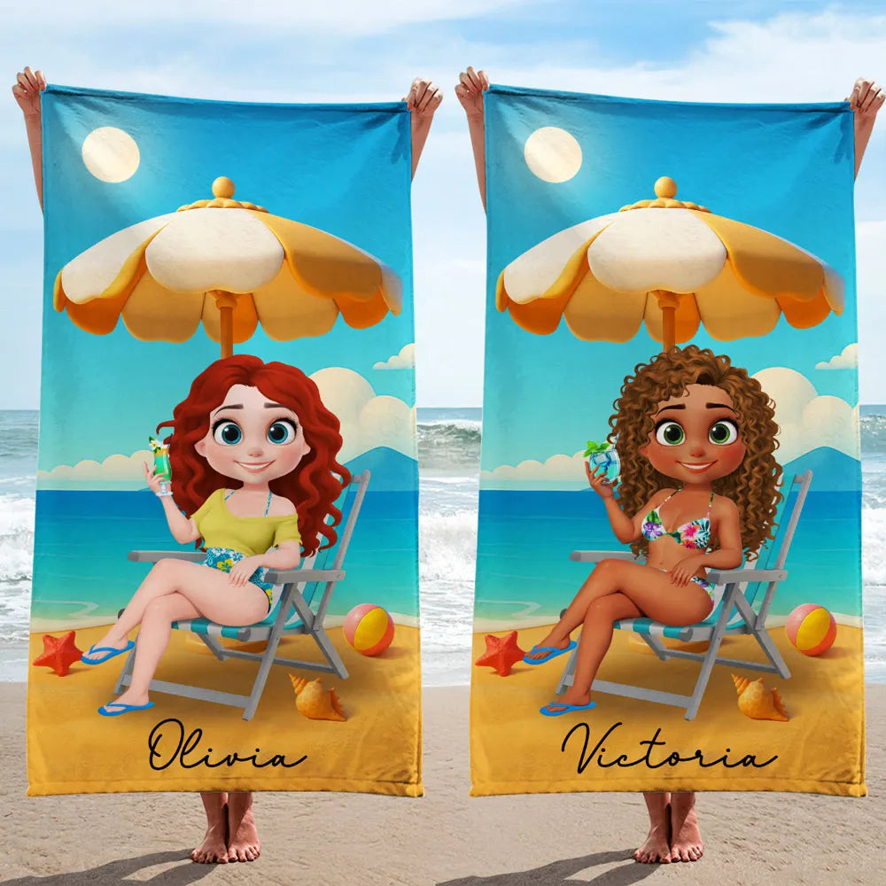 Custom Cartoon Beach Towel β Relax & Sip Under the Sun, Perfect Gift for Wife