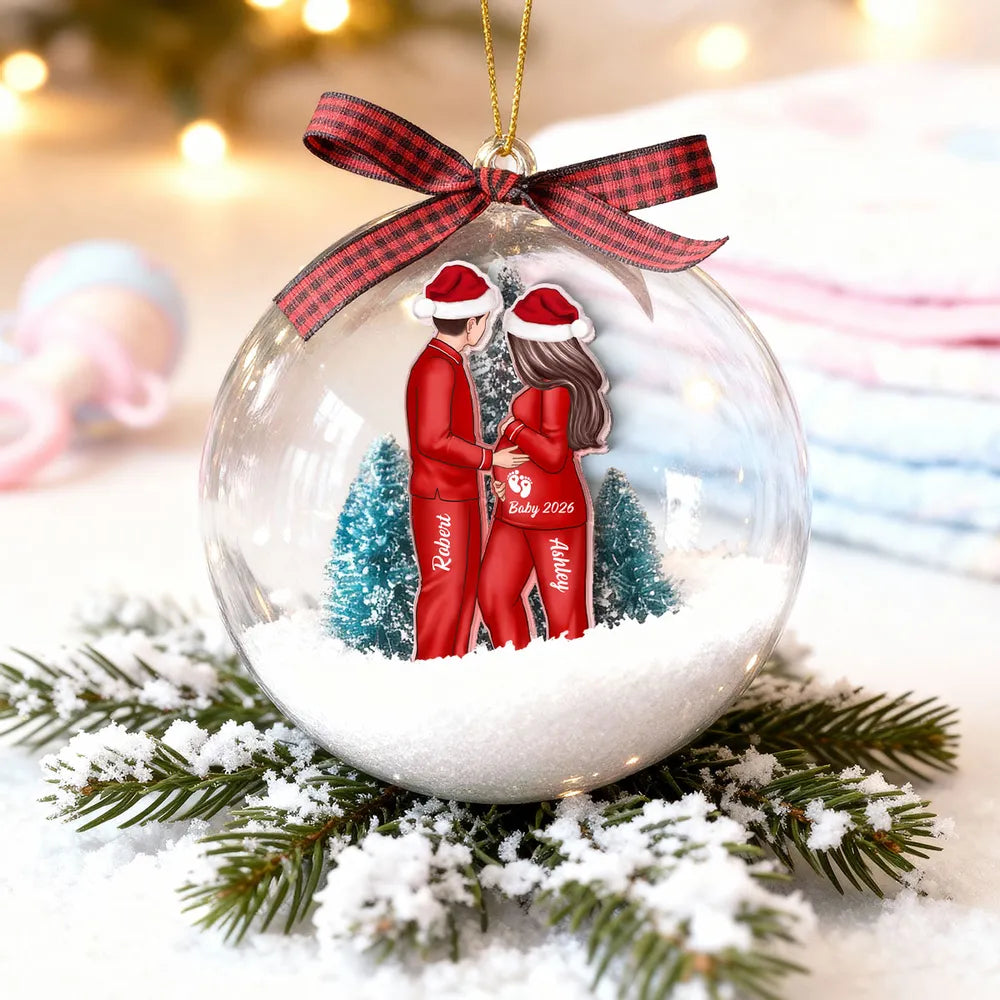 Acrylic Snow Globe Ornament Featuring Couple Expecting Baby, Christmas Tree Decor and Perfect Gift for New Parents