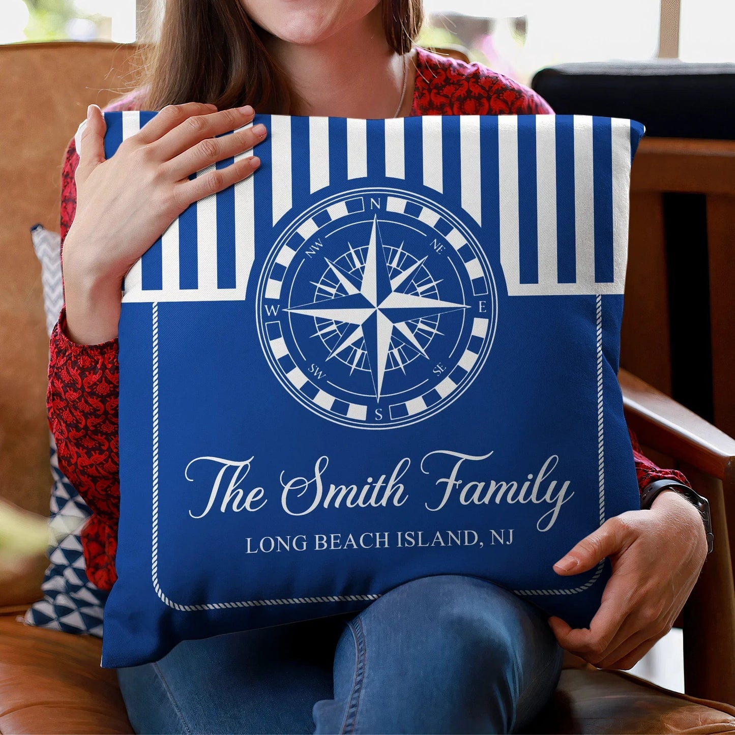 Navy Coastal Square Pillow, Personalized Family Name Boat Style Accent, Crisp Nautical Look, Unique Gift for Beach House