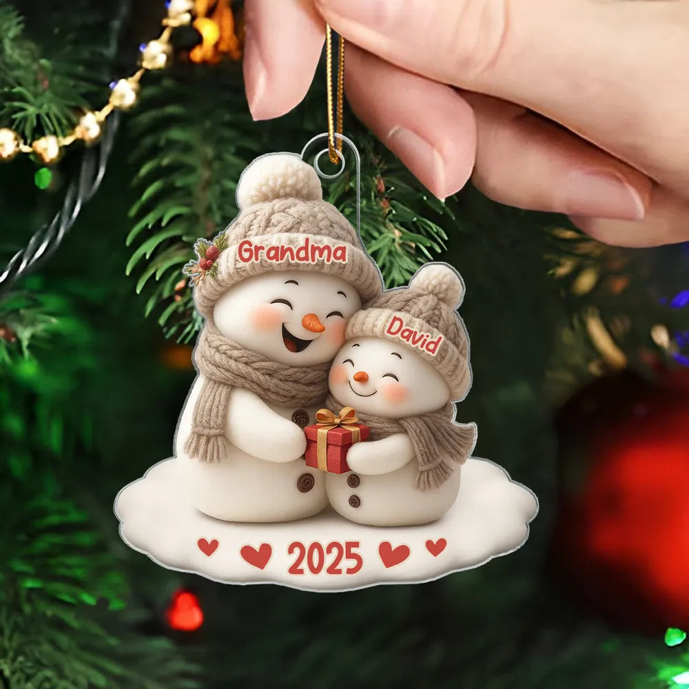 Personalized Acrylic Ornament for Grandma & Grandkid Snowman Hug Christmas Tree Decor Unique Family Gift