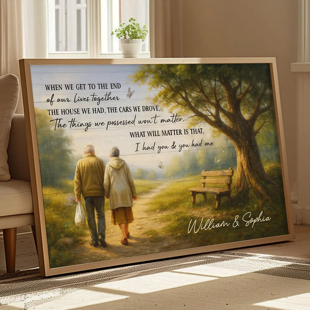 Custom Couple Poster Wall Art β Elderly Pair on Forest Path, Heartfelt Personalized Print, Romantic Keepsake Gift for Lifelong Partners