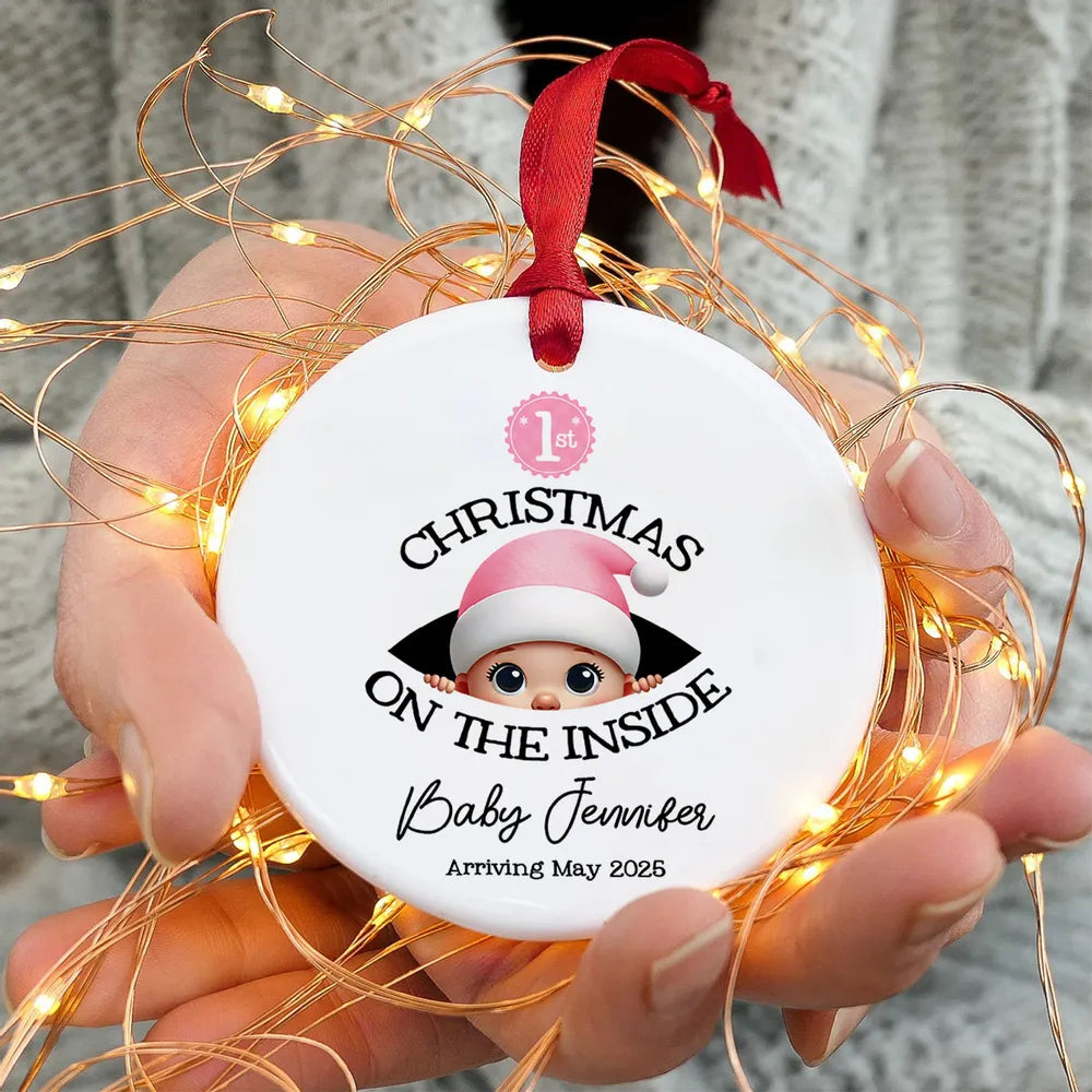 Personalized Christmas Ceramic Ornament for Expecting Parents, Baby Peeking Design, Unique Holiday Keepsake Gift