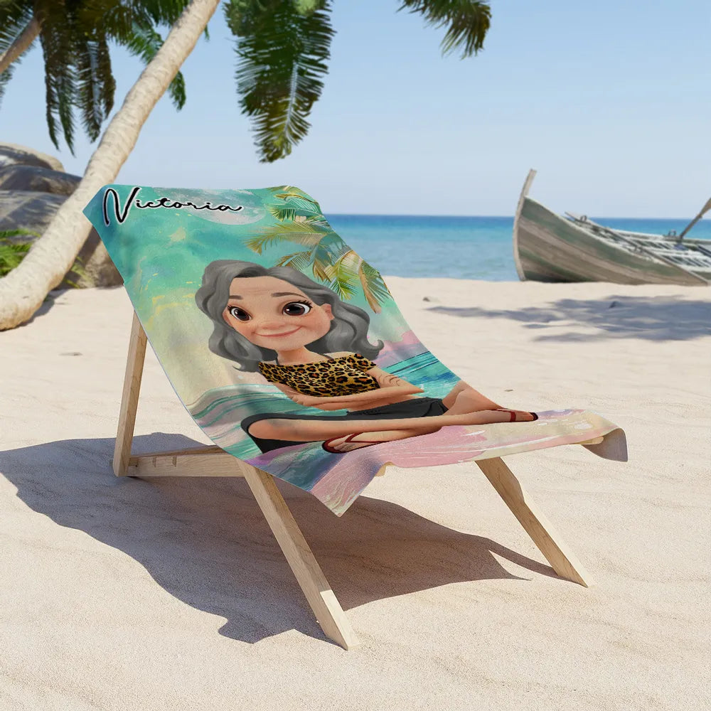 Personalized Beach Towel with Cartoon Girl β Summer Beach Gift for Her, Custom Name Towel for Vacation and Pool Days