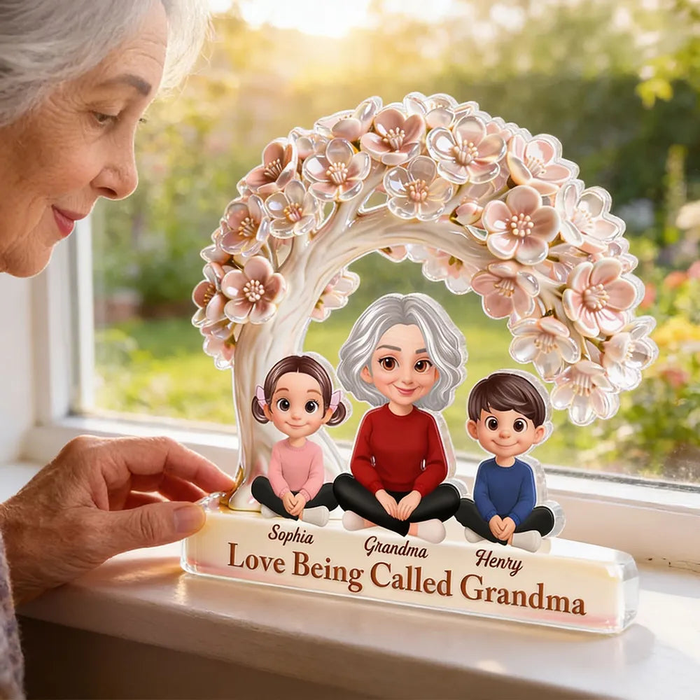 Shaped Acrylic Block Plaque with Grandma and Grandkids Under Blossom Tree, Personalized Home Accent, Thoughtful Gift for Grandma
