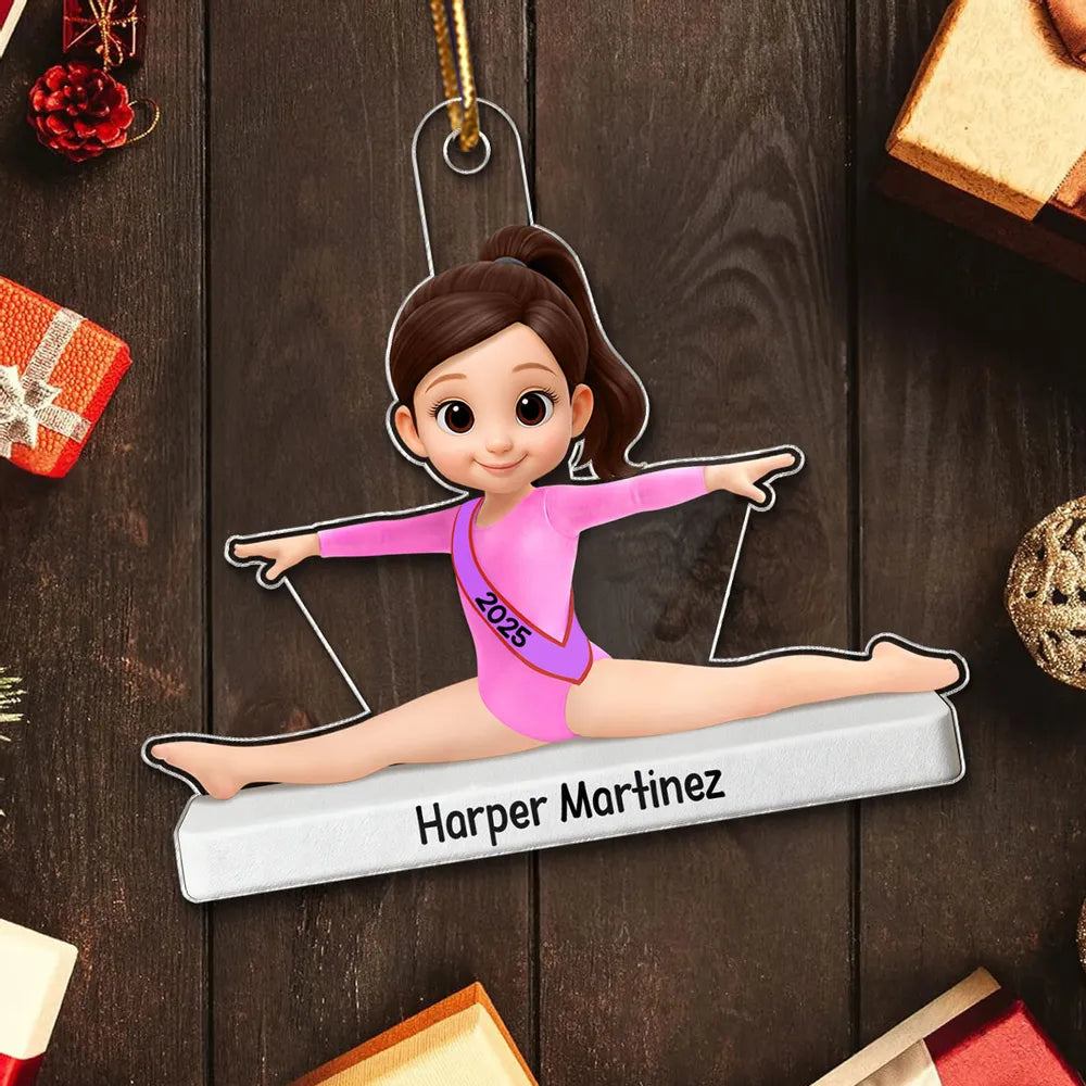 Personalized Acrylic Ornament Cute Cartoon Gymnast in Split Pose, Pink Leotard Keepsake, Unique Gift for Gymnast