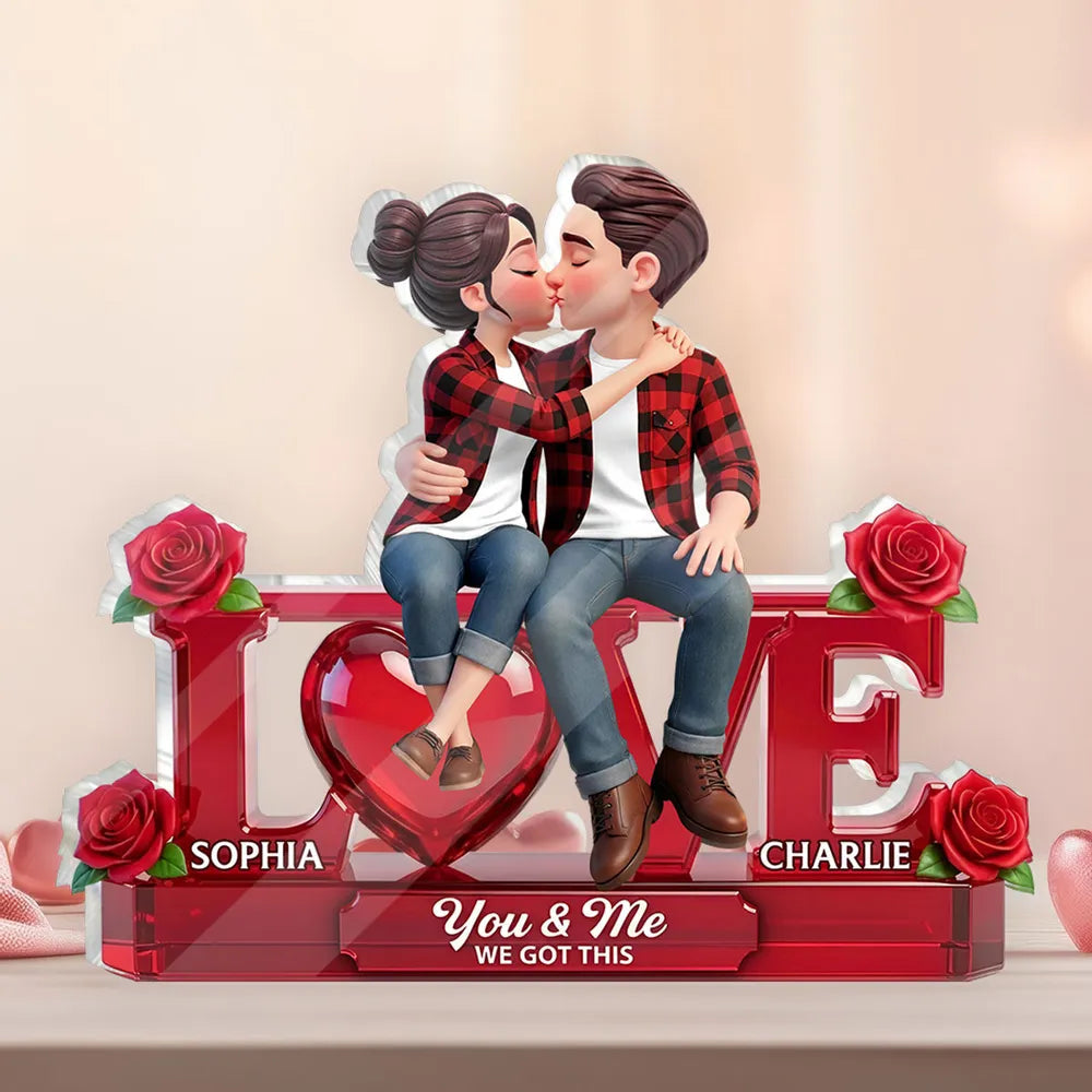 Personalized Shaped Acrylic Block Plaque with Kissing Couple on LOVE and Roses - Unique Romantic Gift for Him or Her