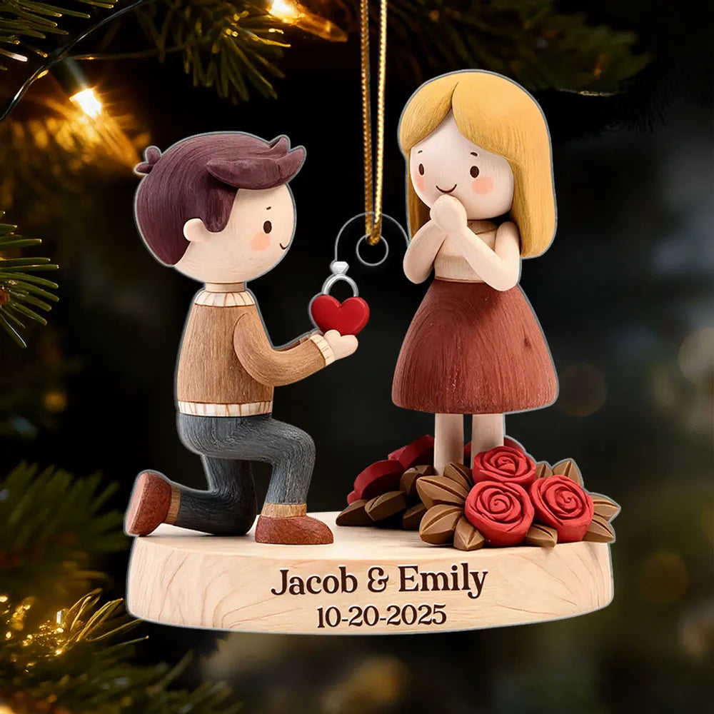 Romantic Personalized Acrylic Ornament with Kneeling Couple and Heart Charm Cozy Holiday Keepsake Unique Gift for Couples