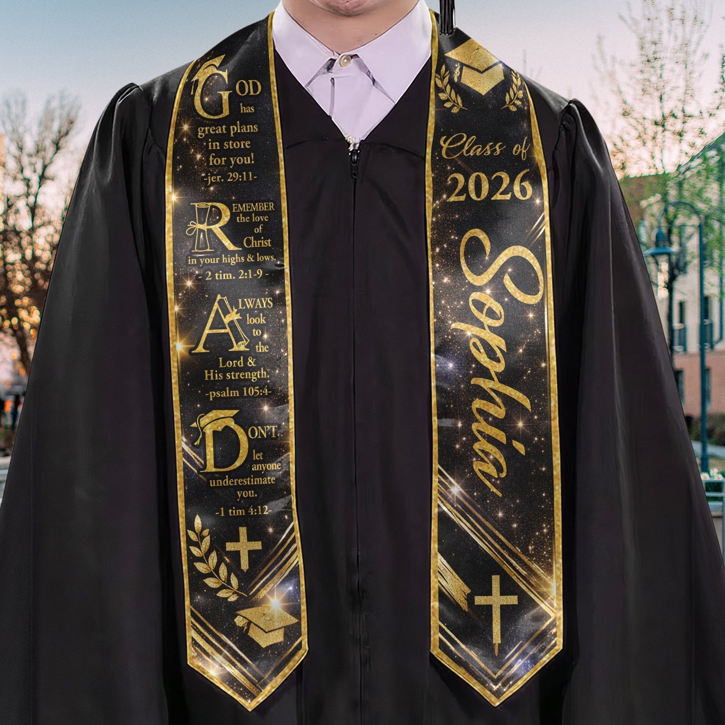 Personalized Graduation Polyester Satin Stole with Faith Quote, Navy Gold Starry Design, Unique Gift for a Graduate
