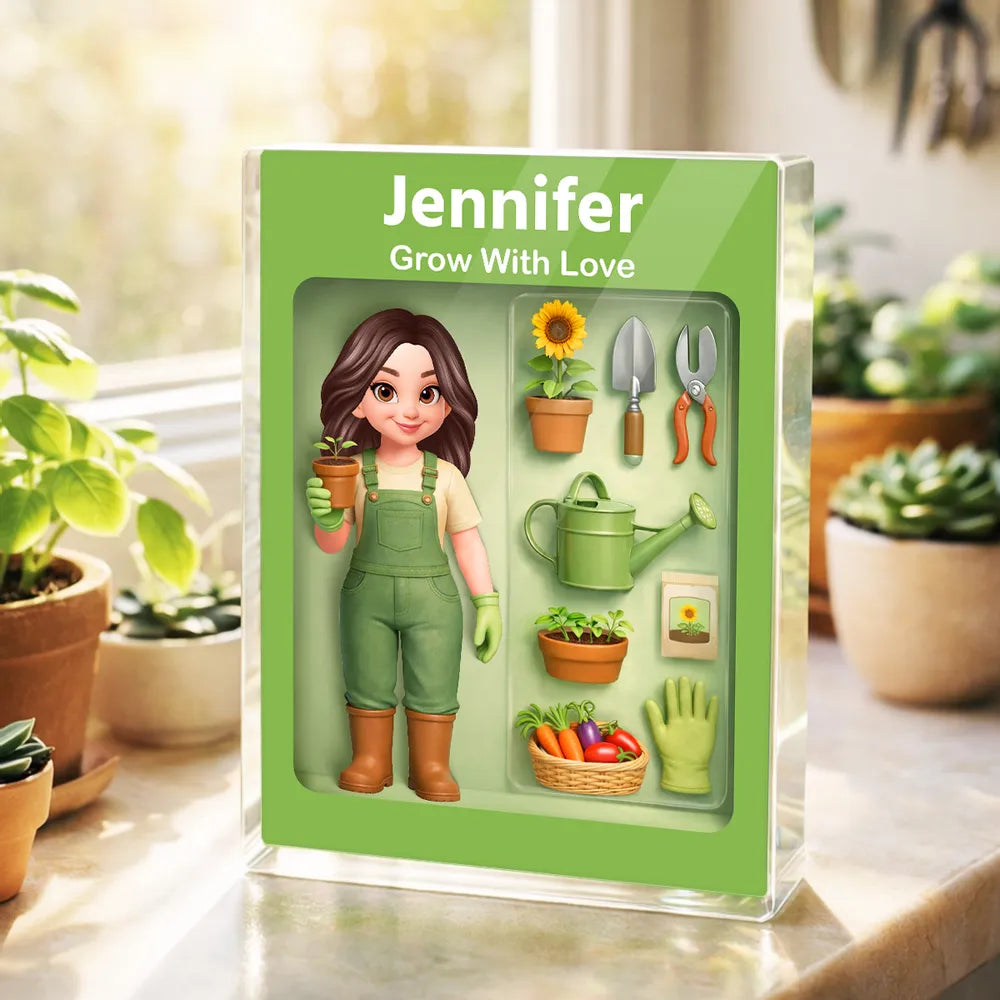 Personalized Rectangle Acrylic Block Plaque Garden Lover Desk Decor, Cute Cartoon Gardener With Tools, Unique Gift