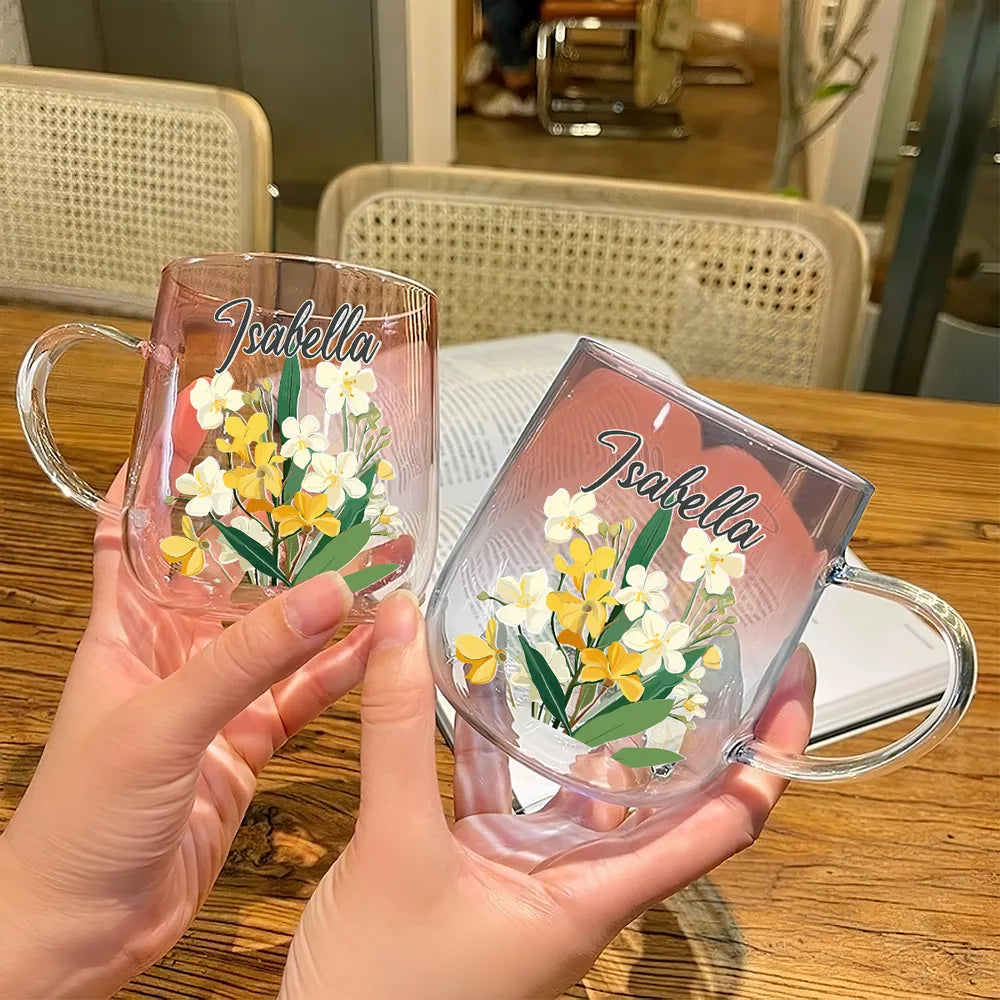 Pink Ombre Gradient Glass Mug With Colorful Flowers And Custom Name, Everyday Coffee And Tea Cup, Thoughtful Gift
