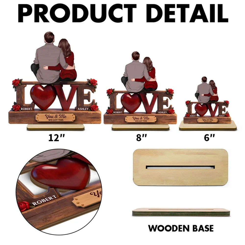 2-Layer Wooden Plaque Personalized Love Keepsake, Couple Sitting Embracing with Roses, Sweet You & Me Gift