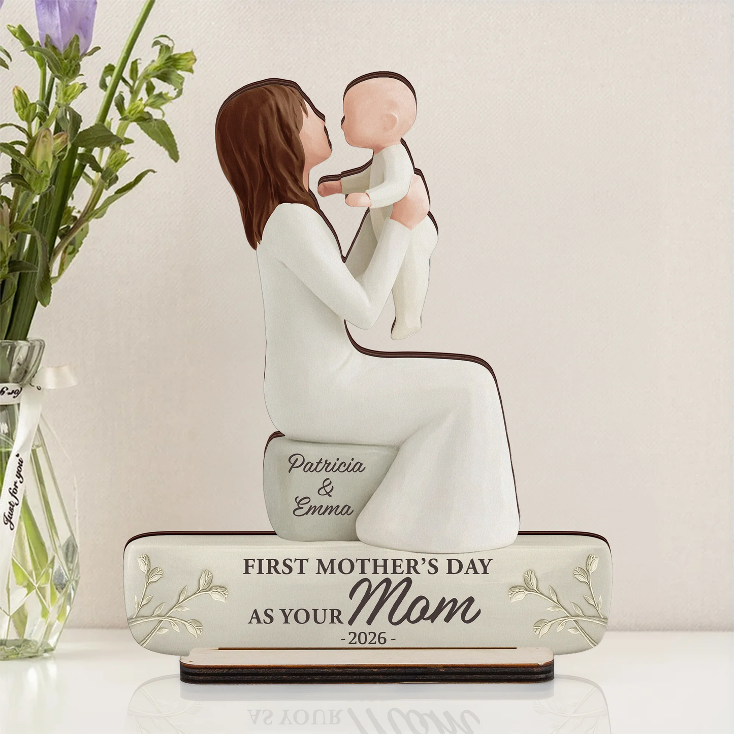 Personalized 2-Layer Wooden Plaque, Mom Holding Baby Keepsake for Nursery or Living Room, Unique First Mother's Day Gift