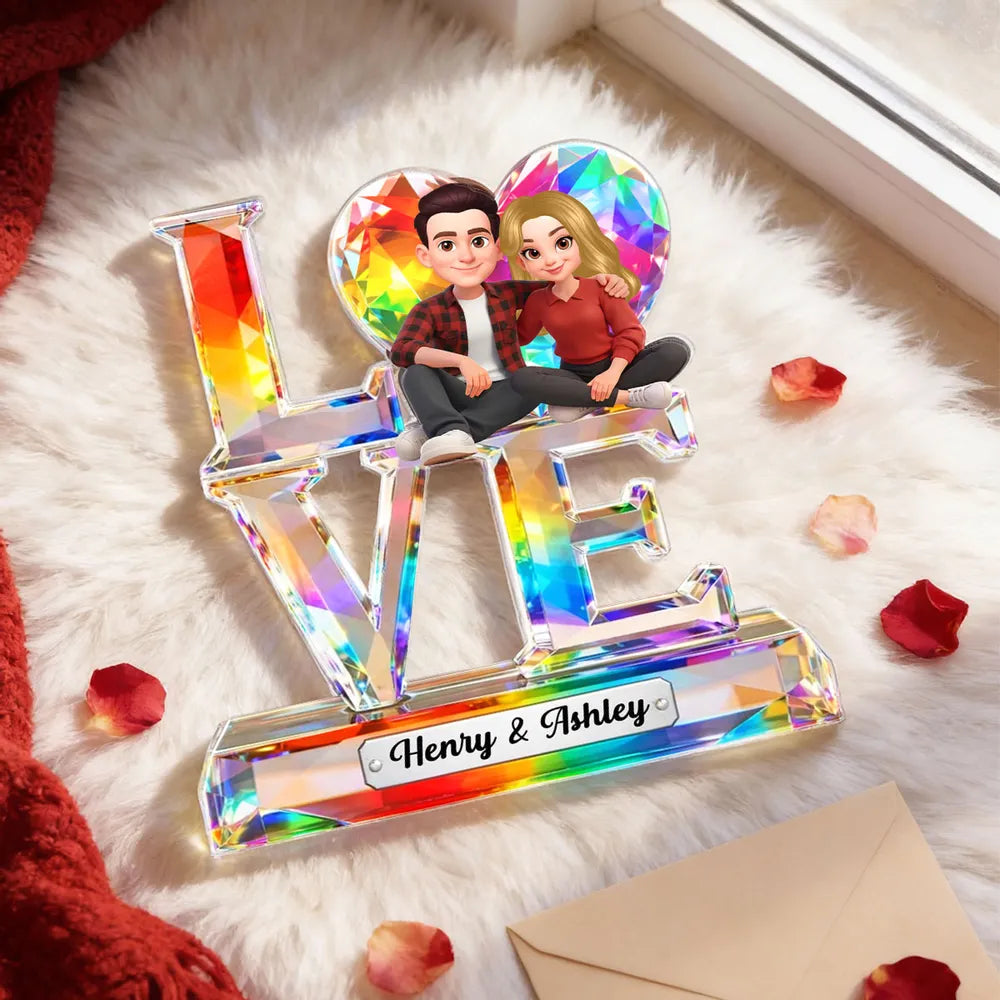 Personalized Shaped Acrylic Block Plaque LOVE with Heart & Cute Couple Sitting - Unique Valentine's Gift for Him or Her