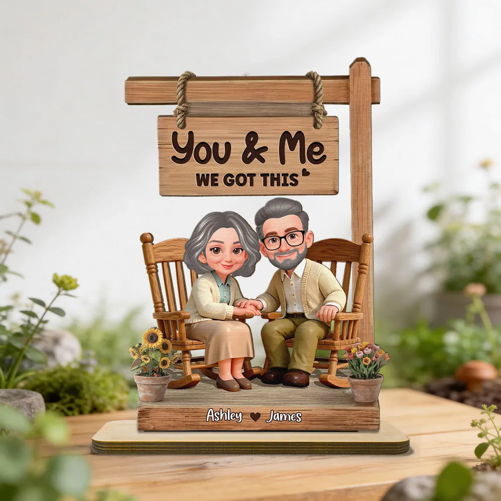 You & Me We Got This Personalized 2-Layer Wooden Plaque Sweet Couple Rocking Chair Scene for Anniversary or Valentine's Day Gift