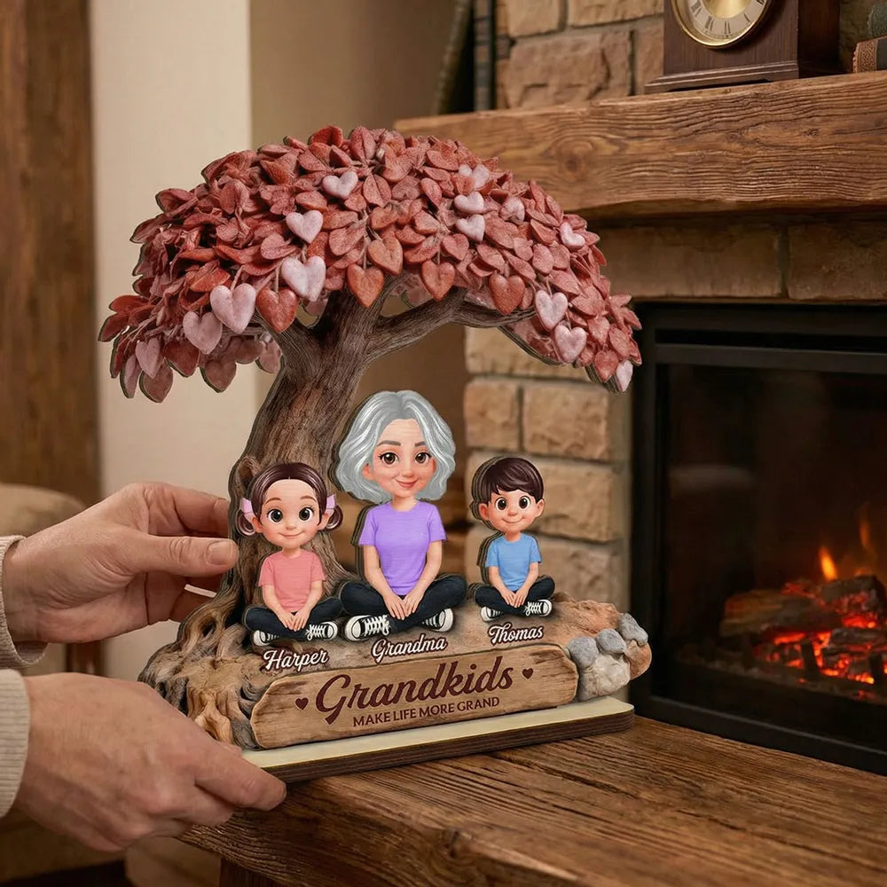 Personalized 2-Layer Wooden Plaque Grandma With Grandkids Under Heart Tree - Unique Family Keepsake Gift
