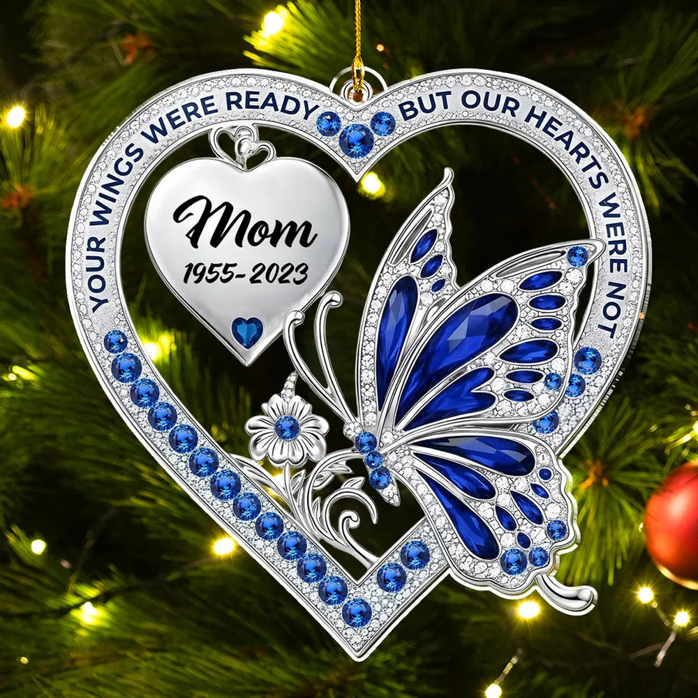 Personalized Acrylic Ornament for Mom Memorial with Blue Butterfly & Heart β Unique Remembrance Gift & Festive Decor
