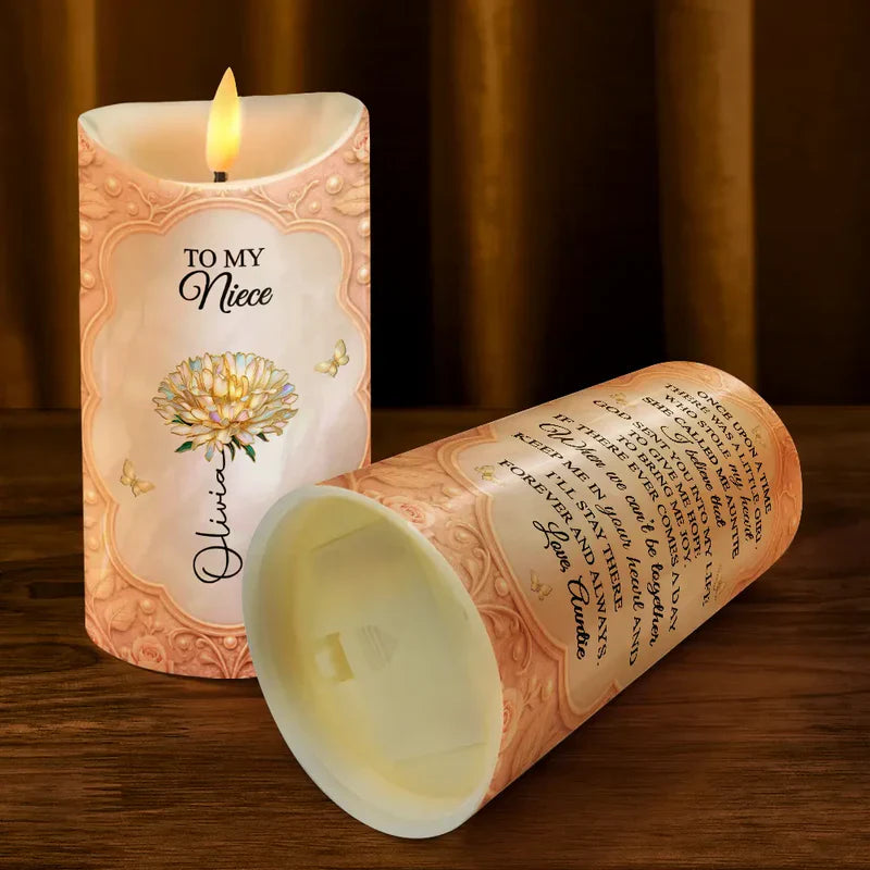 Personalized Flameless LED Candle for Granddaughter, Warm Glow Floral Butterfly Design, Unique Sentimental Gift