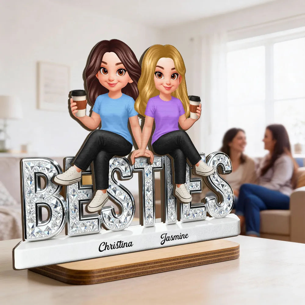 Personalized Besties 2-Layer Wooden Plaque, Cute Cartoon Best Friends Holding Coffee, Unique Gift for Best Friend