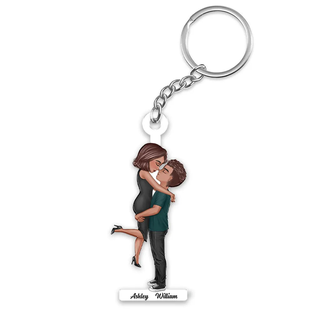 Personalized Acrylic Keychain for Couples, Silver Chain & Ring, Embrace Pose, Everyday Keepsake