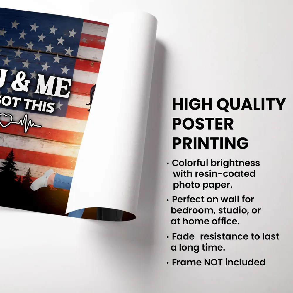 Personalized Poster of a Kissing Hero Couple on American Flag Background - Unique Gift for Couples to Say You & Me We Got This