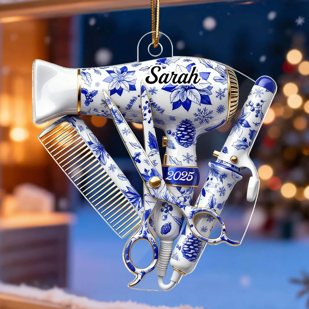 Hairdresser Things Acrylic Ornament with Custom Name β Elegant Blue Floral Salon Tool Design, Festive Tree Decor and Creative Gift for Your Favorite Stylist