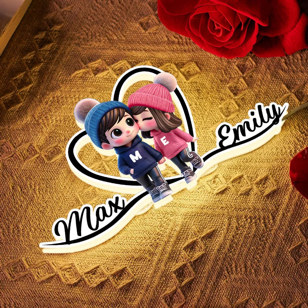 Personalized Cartoon Couple Kissing Heart Acrylic Light Box, Cozy Warm Glow Bedroom Decor, Unique Gift for Him or Her