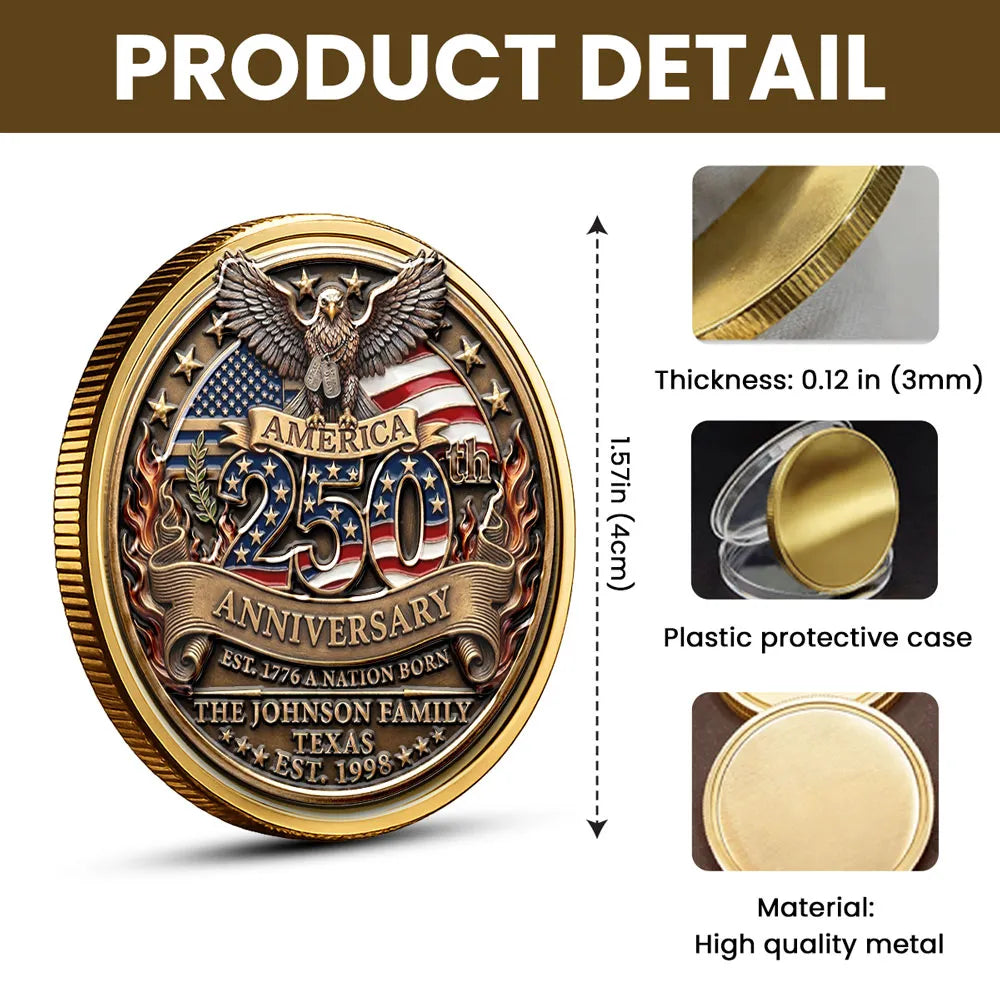 America 250th Anniversary Personalized Alloy Keepsake Coin, Patriotic Eagle & Flag Design, Unique Family Gift