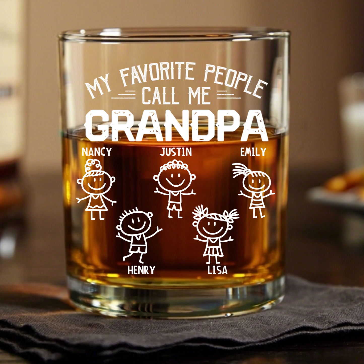 Personalized Grandpa Whiskey Glass with Kids Doodle Art, My Favorite People Call Me Grandpa, Unique Gift for Family