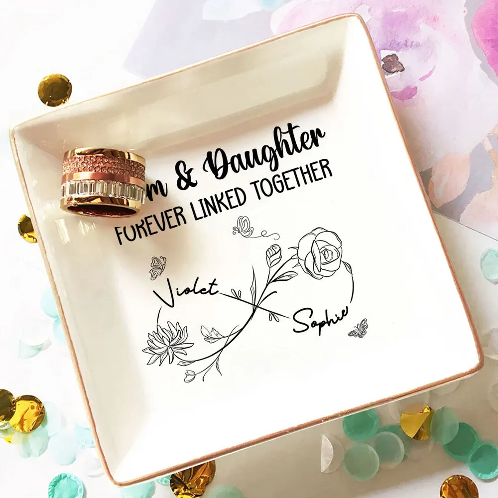 Personalized Mom & Daughter Forever Linked Together Jewelry Dish, Floral Infinity Vanity Decor, Unique Gift for Mom